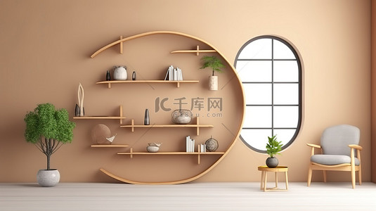 榻榻米cad背景图片_日本风格的客厅，配有圆形架子墙和 3D 榻榻米地板
