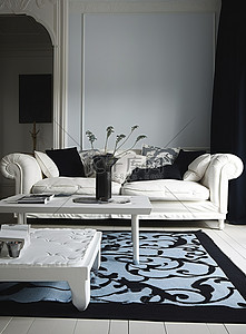 蓝色地毯背景图片_蓝色地毯 浅色和白色沙发 黑色沙发