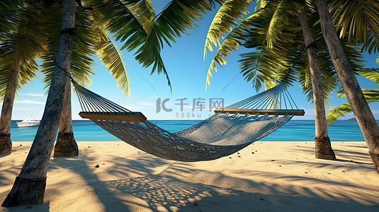 热带天堂海滩棕榈树吊床的 3D 渲染