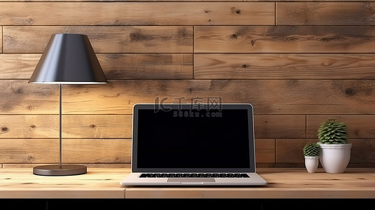 木墙背景下桌面上笔记本电脑模型的 3D 渲染