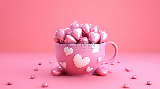 海报月背景图片_粉红色背景上带有爱心的杯子的温馨 3D 渲染