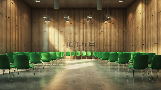 现代会议室设计的 3D 渲染，配有木墙和充满活力的绿色椅子
