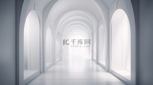 官方通道背景图片_简约设计中白色抽象拱形走廊的干净建筑 3D 插图 3D 渲染
