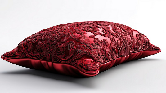 白色背景 3D 渲染中的皇家红色天鹅绒枕头