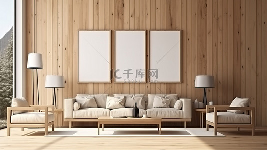 家庭教育分享背景图片_现代木制家居客厅，配有 ​​3D 空白样机相框