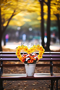韩国首尔公园的彩色花朵和心形木凳