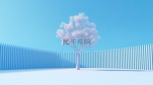 树雪背景图片_冬季景观的简约 3D 渲染，具有蓝树雪栅栏和抽象卡通风格