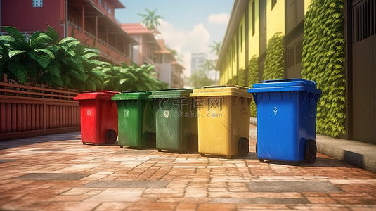回收垃圾箱背景图片_3d 渲染的住宅垃圾箱