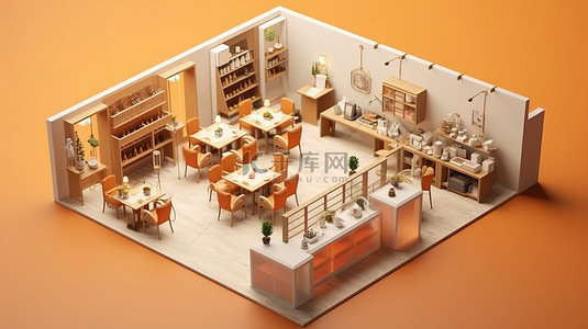 室内平面图背景图片_具有室内建筑的露天咖啡馆等距视图的 3D 渲染