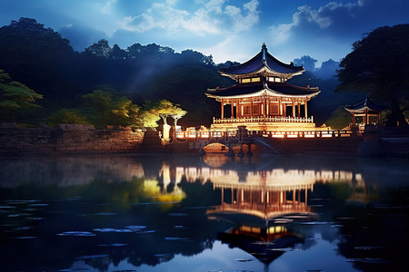 夜间水上的寺庙或宫殿
