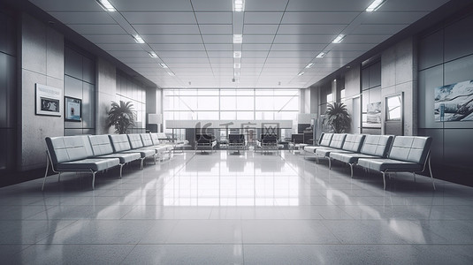 机场大巴背景图片_3d 渲染中的机场航站楼等候区插图