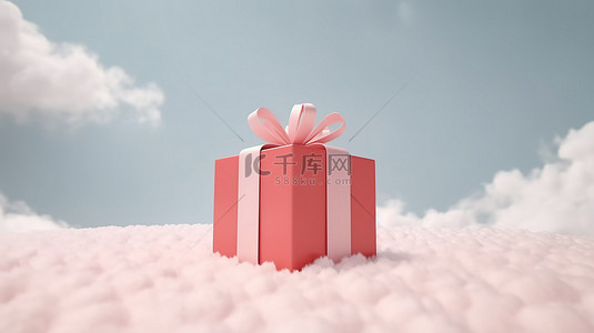 白云中的背景图片_粉红色背景的 3D 渲染与漂浮在白云中的红丝带方形礼品盒