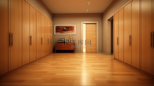 带内置衣柜 3d 渲染的现代走廊