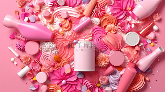 粉红色背景上以图案排列的化妆品的彩色 3D 插图