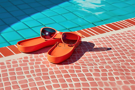 红色的太阳镜背景图片_明亮的游泳池里的红色太阳镜和橙色人字拖