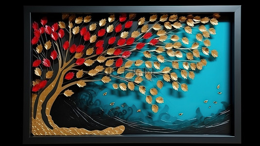 红色花卉植物背景图片_黑色背景上的金色波浪形状 3D 框架艺术，以绿松石和红色树叶为重音