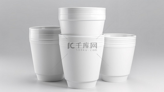白色背景 3D 渲染中堆叠的陶瓷杯