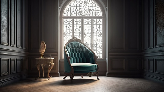 豪华房间内的老式扶手椅，配有 3D 渲染增强的窗户