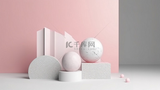 水磨石背景图片_时尚的产品展示 3D 渲染的水磨石讲台，白色背景上有粉红色的球