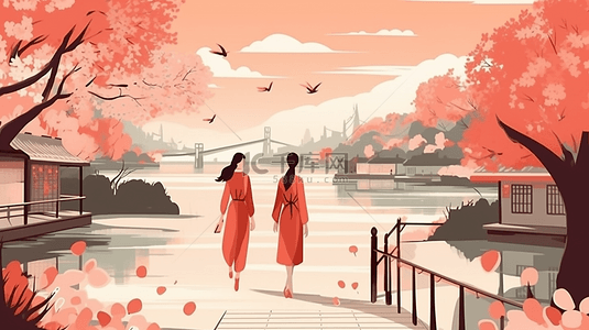 春天小桥流水背景图片_散步的女人城市公园风景