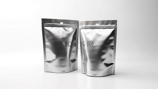 塑料袋子背景图片_铝空白袋包装样机的白色背景 3D 渲染