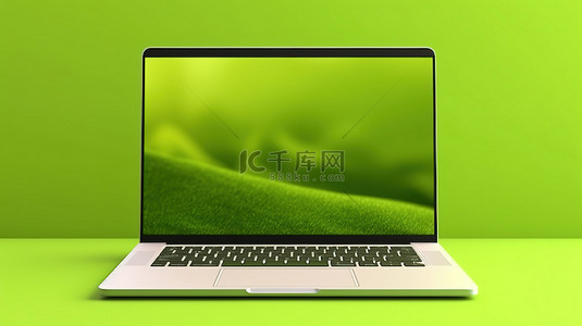 绿色背景笔记本电脑，具有 3D 渲染中的空白数字屏幕
