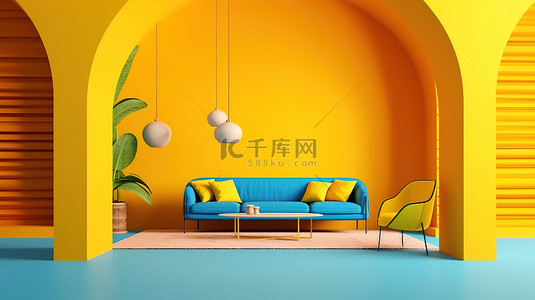 黄色灯背景图片_现代室内装饰的 3D 渲染，配有充满活力的黄色家具拱门和蓝色墙壁