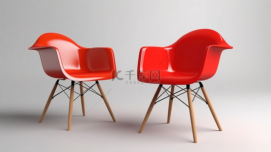 3d 渲染的当代红色扶手椅放置在白色背景上，带有一把带有木腿的橙色椅子