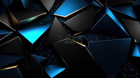 多边形模板背景图片_优雅的几何背景黑色和蓝色多边形设计，带有文本框架和 3D 渲染，非常适合横幅和设计模板