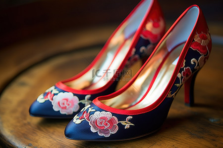 刺绣文化背景图片_一双绣花高跟鞋放在木地板上
