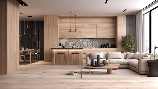 沉浸式 3D 图像天然彩色木材装饰现代豪华客厅和厨房场景