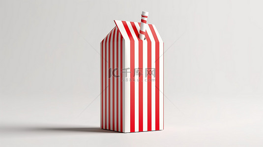牛奶包装红色背景图片_3D 渲染中白色背景下放置在空白牛奶或果汁纸盒上的红色条纹稻草