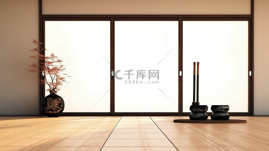 日本房子框架背景图片_传统的日式房间，配有武士刀和框架，呈现令人惊叹的 3D 渲染效果