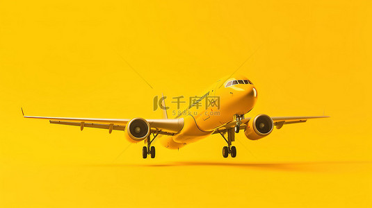 黄色背景下飞机的简约 3D 渲染
