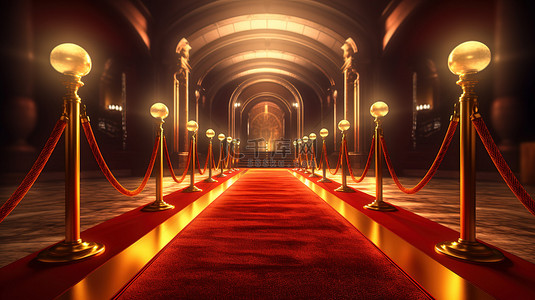 红地毯魅力 3D 描绘的电影之夜，以聚光灯金色屏障天鹅绒绳索和狗仔队为特色