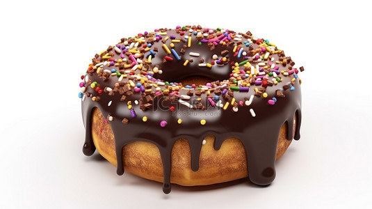 巧克力釉甜甜圈与彩色洒在白色背景上的 3d 渲染