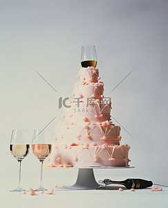 蛋糕平视背景图片_婚礼蛋糕上面放着酒杯和香槟
