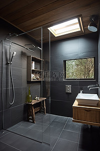 洗手池内图片背景图片_深灰色小屋内的浴室，铺有木地板
