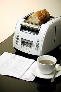 早餐机背景图片_烤面包机咖啡面包和笔