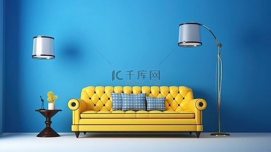 带黄色沙发蓝色墙壁白色地毯和三盏灯的审美客厅 3D 渲染图像