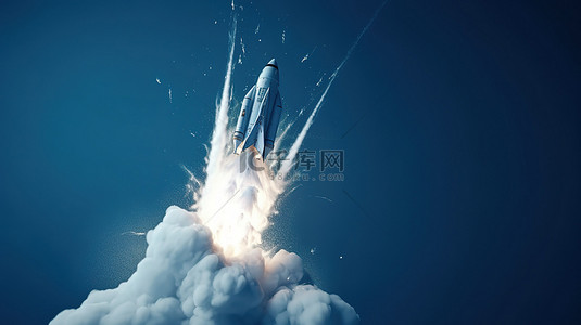 喷气式烟雾在蓝天发射的 3d 火箭后腾飞