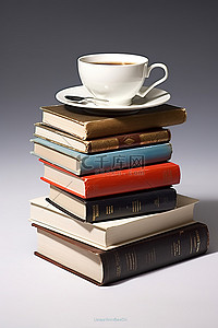 一杯咖啡放在一堆书本上
