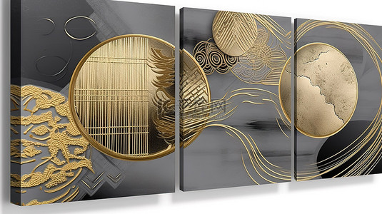 当代 3D 墙艺术金色圆圈线和灰色画布框架上的中国太阳
