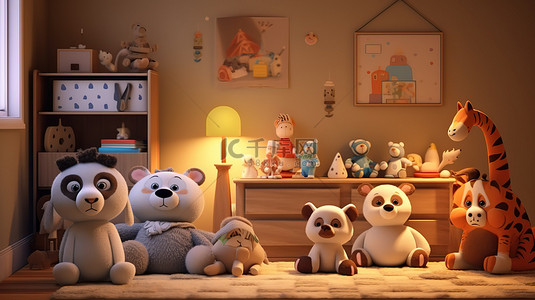 儿童卧室的 3D 渲染图，配有一系列毛绒动物玩具