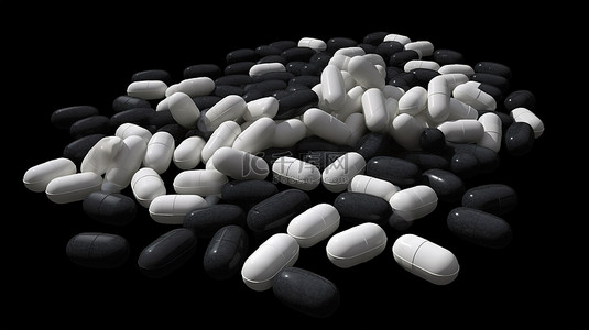 散布在黑色背景上的 3D 白色胶囊中呈现的药丸，用于医疗