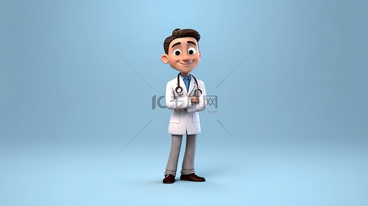 穿着制服和听诊器的卡通医生角色以 3D 渲染，从角落里凝视