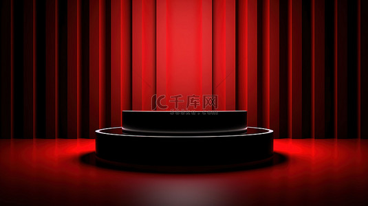带有红色和黑色圆柱体的讲台舞台背景的 3D 渲染