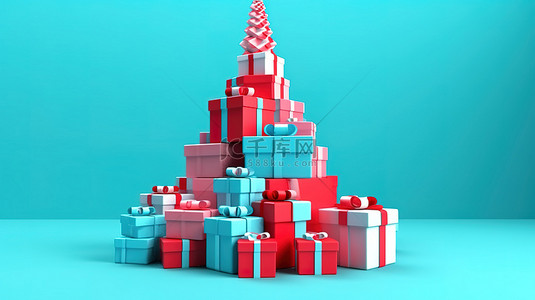 红色背景的喜庆 3D 渲染，装饰着圣诞树，周围环绕着蓝色白色和红色礼品盒