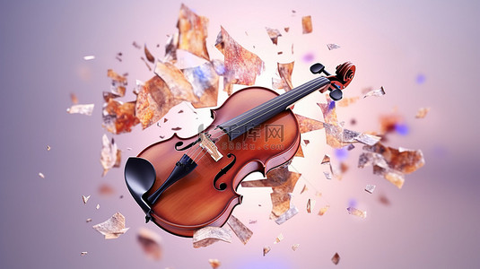 小提琴破碎且碎片飞扬的 3D 插图