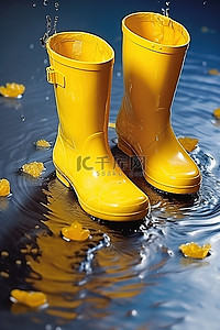 水坑背景图片_水坑里的黄色雨鞋